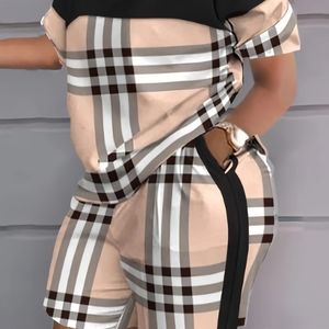 Plus Size Colorblock Plaid Print Short Sleeve Tops & Shorts Set, Women's Plus Bu